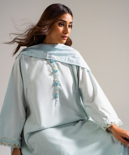 Piece Dyed Blue Slub Lawn Flared Suit - View 2