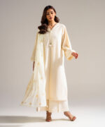 Piece Dyed White Slub Lawn A-Line Suit - View 3