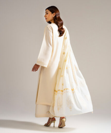 Piece Dyed White Slub Lawn A-Line Suit - View 2