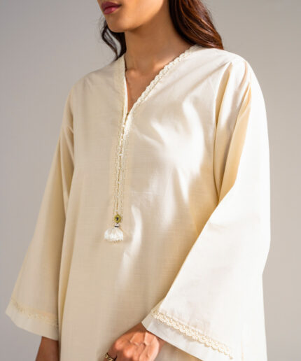 Piece Dyed White Slub Lawn A-Line Suit - View 1