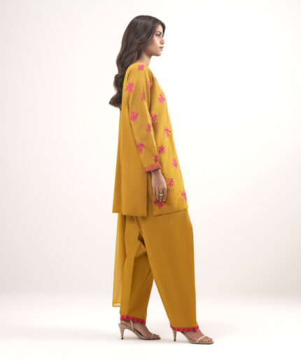 Piece Mustard Brown Self Jacquard Straight Suit - View 2
