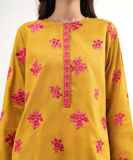 Piece Mustard Brown Self Jacquard Straight Suit - View 1
