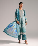 Blue Self Jacquard A-Line Suit - View 3
