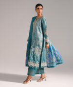 Blue Self Jacquard A-Line Suit - View 4