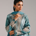 Blue Self Jacquard A-Line Suit - View 1