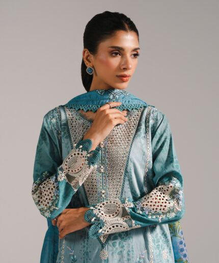 Blue Self Jacquard A-Line Suit - View 1