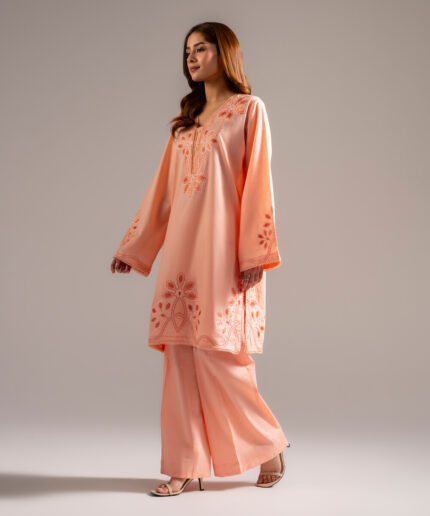 Peach Self Jacquard Straight Shirt Suit - View 2