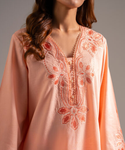 Peach Self Jacquard Straight Shirt Suit - View 1