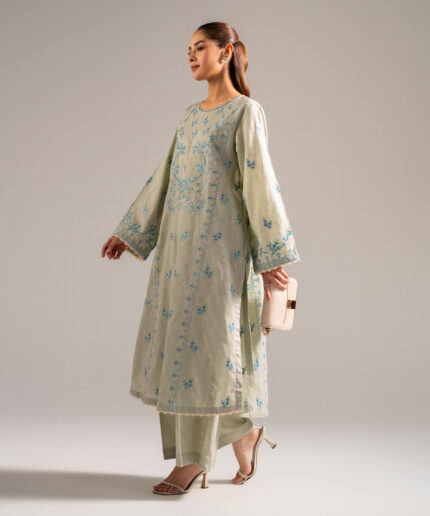 Green Self Jacquard A-Line Suit - View 1