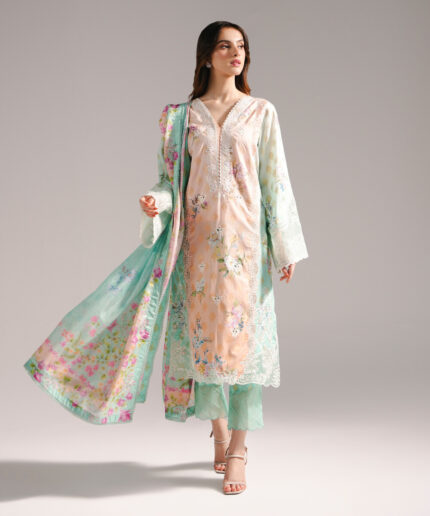 Peach Self Jacquard A-Line Suit - View 2