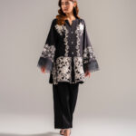 Black Cotton Satin Straight Shirt Suit - View 1