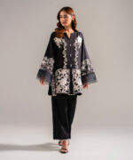 Black Cotton Satin Straight Shirt Suit - View 1