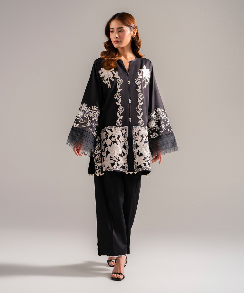 Black Cotton Satin Straight Shirt Suit - View 1 Black Cotton Satin Straight Shirt Suit - View 1