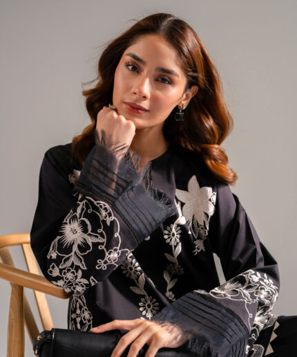 Black Cotton Satin Straight Shirt Suit - View 2
