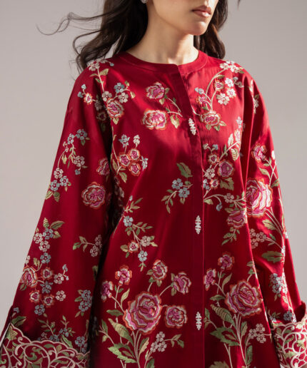 Maroon Cotton Satin Straight Suit - View 1