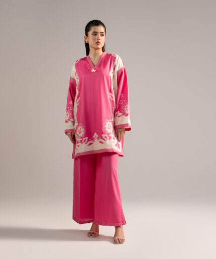 Pink Cotton Satin Straight Shirt Suit - View 2