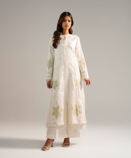 Off White Cotton Satin A-Line Suit - View 2