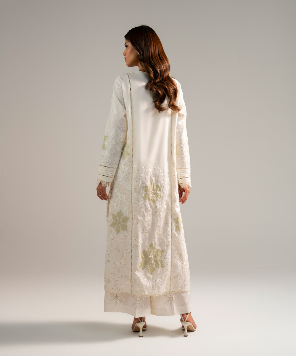 Off White Cotton Satin A-Line Suit - View 1 Off White Cotton Satin A-Line Suit - View 1