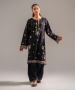Black Self Jacquard Straight Shirt Suit - View 2