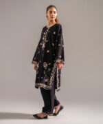 Black Self Jacquard Straight Shirt Suit - View 1