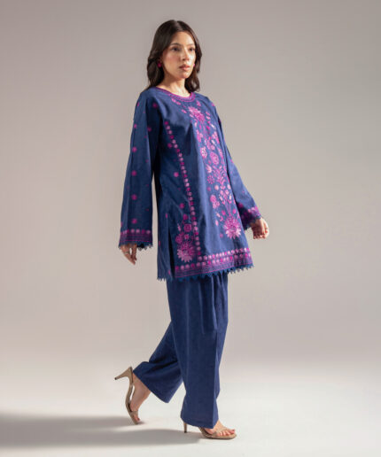 Dark Blue Self Jacquard Straight Suit - View 1