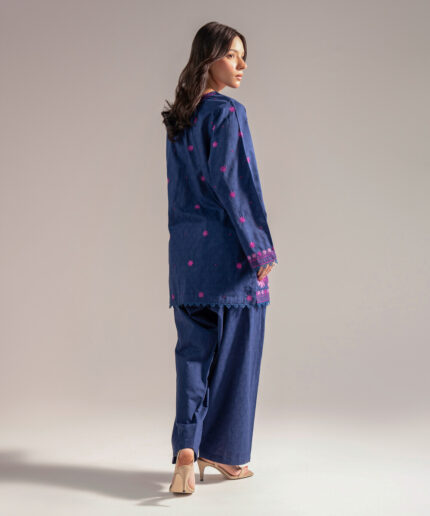 Dark Blue Self Jacquard Straight Suit - View 2
