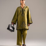 Olive Green Self Jacquard Straight Shirt Suit - View 1