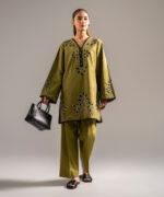 Olive Green Self Jacquard Straight Shirt Suit - View 1