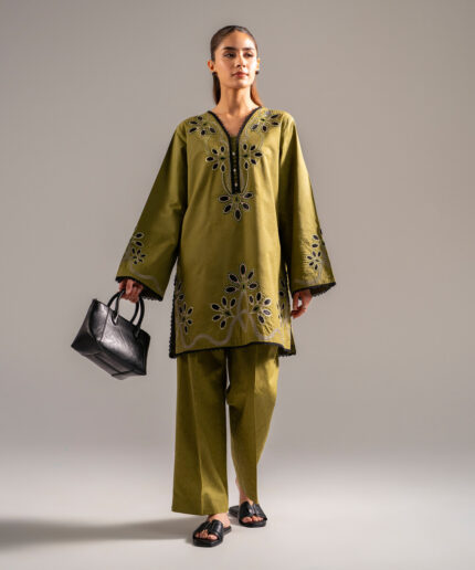 Olive Green Self Jacquard Straight Shirt Suit - View 1