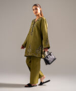 Olive Green Self Jacquard Straight Shirt Suit - View 3