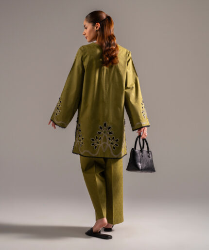 Olive Green Self Jacquard Straight Shirt Suit - View 2