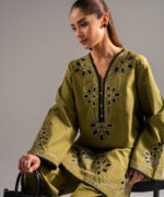 Olive Green Self Jacquard Straight Shirt Suit - View 4