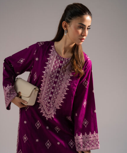 Purple Self Jacquard Straight Suit - View 2