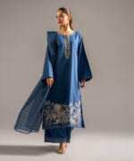 Dark Blue Cotton Satin A-Line Suit - View 4
