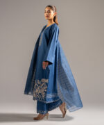 Dark Blue Cotton Satin A-Line Suit - View 5