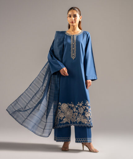Dark Blue Cotton Satin A-Line Suit - View 2