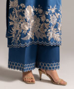 Dark Blue Cotton Satin A-Line Suit - View 3