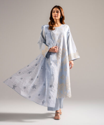 Light Blue Cotton Satin A-Line Suit - View 1