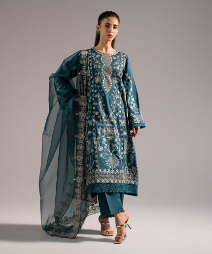 Dark Green Cotton Satin A-Line Suit - View 2