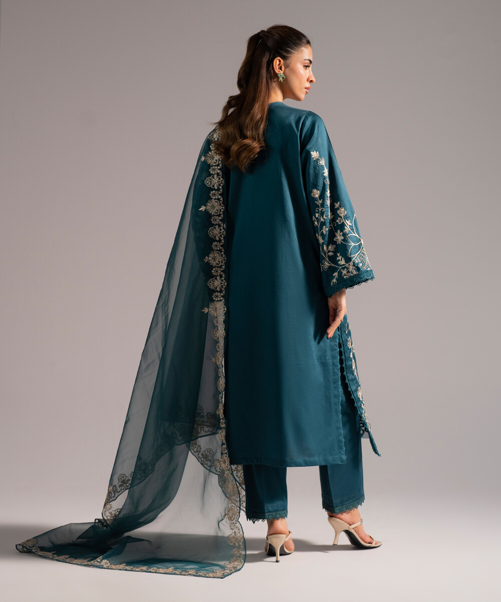 Dark Green Cotton Satin A-Line Suit - View 1 Dark Green Cotton Satin A-Line Suit - View 1