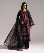 Black Cotton Satin A-Line Suit - View 1