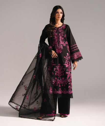 Black Cotton Satin A-Line Suit - View 1