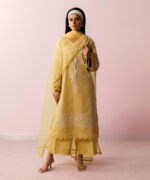 Pale Yellow Cotton Satin A-Line Suit - View 6