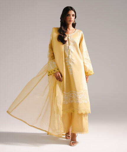 Pale Yellow Cotton Satin A-Line Suit - View 2