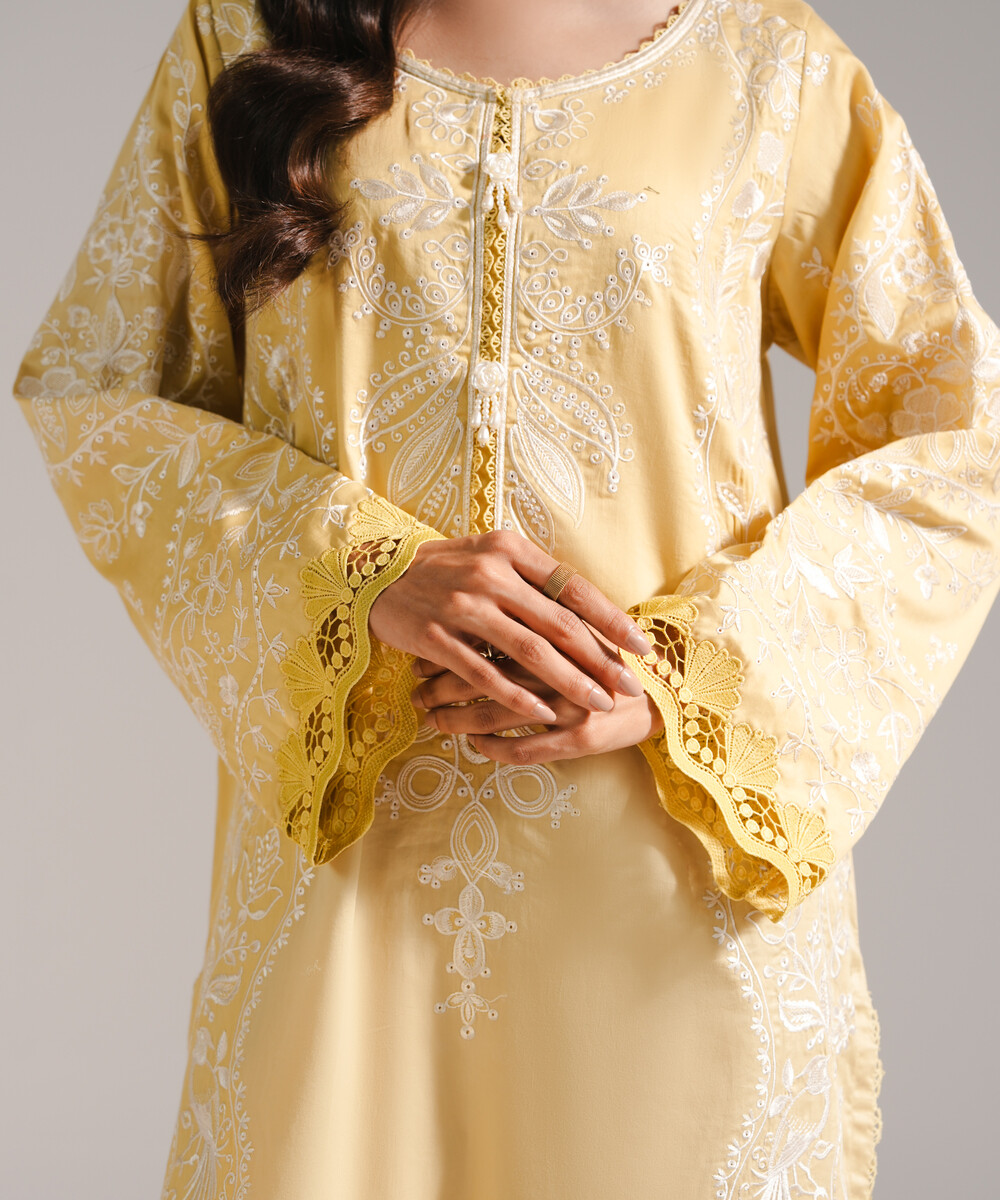 Pale Yellow Cotton Satin A-Line Suit - View 1 Pale Yellow Cotton Satin A-Line Suit - View 1