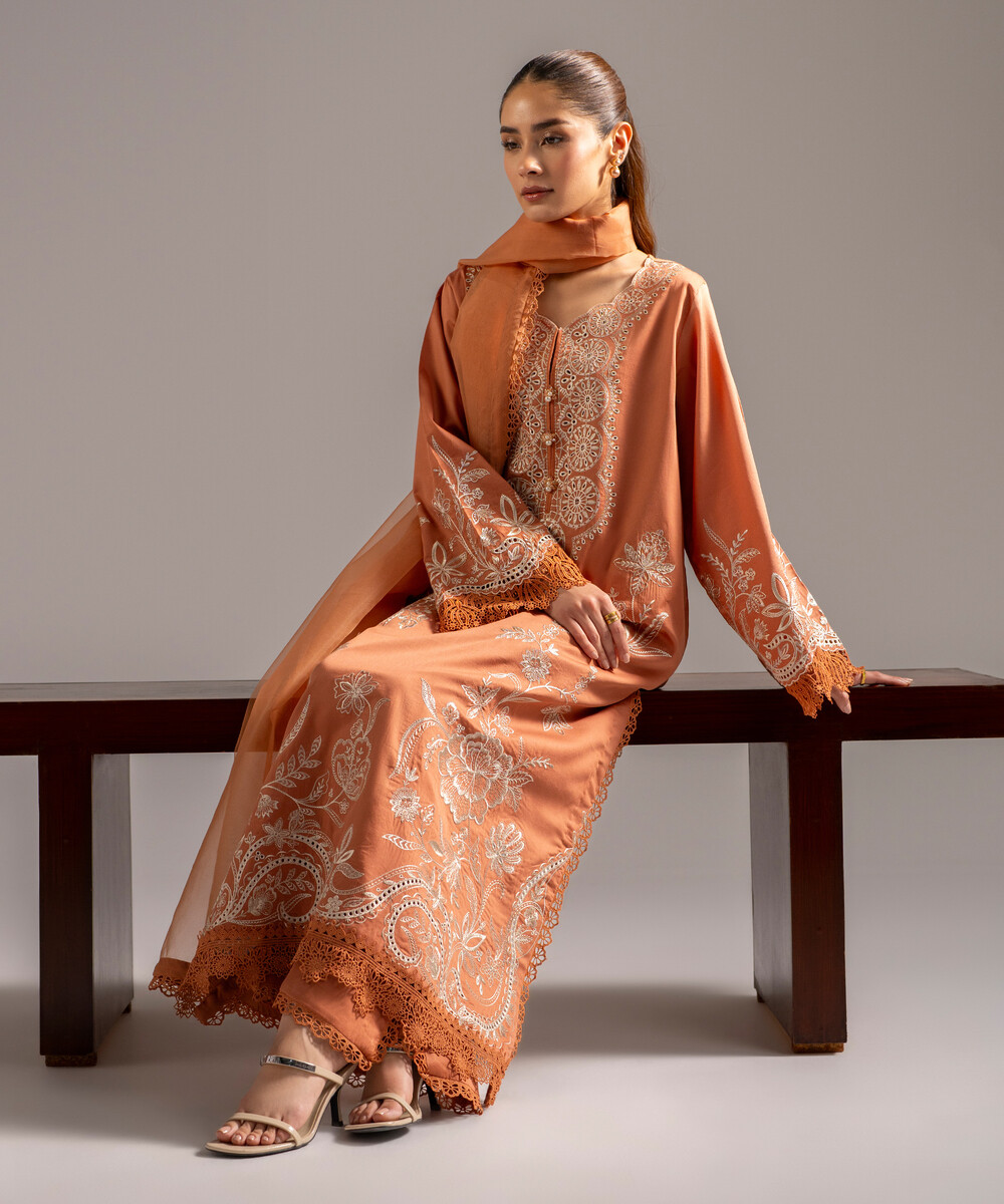 Muted Orange Cotton Satin A-Line Suit - View 1 Muted Orange Cotton Satin A-Line Suit - View 1