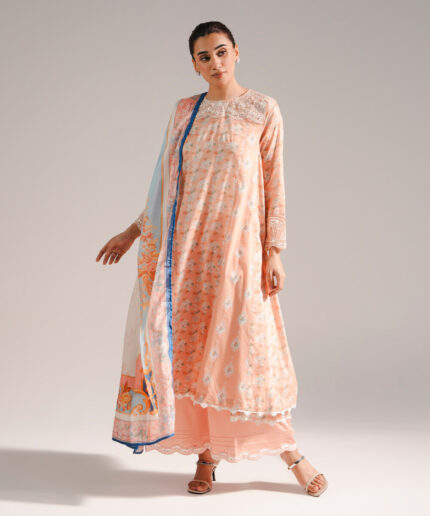 Peach Cotton Satin Flared Suit - View 2