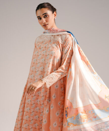 Peach Cotton Satin Flared Suit - View 1
