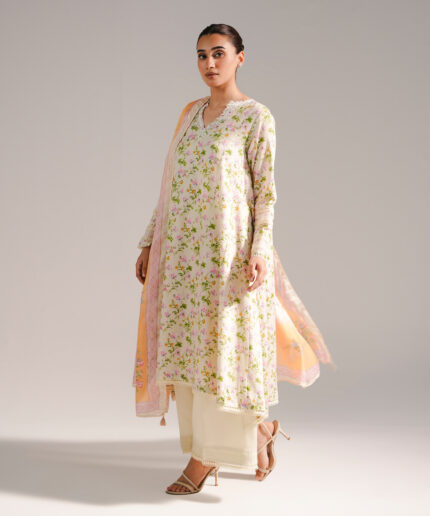 Pale Green Cotton Satin Flared Suit - View 2