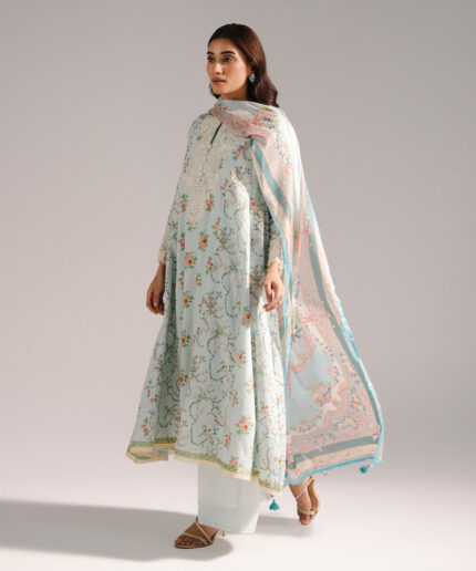Light Blue Cotton Satin A-Line Suit - View 2